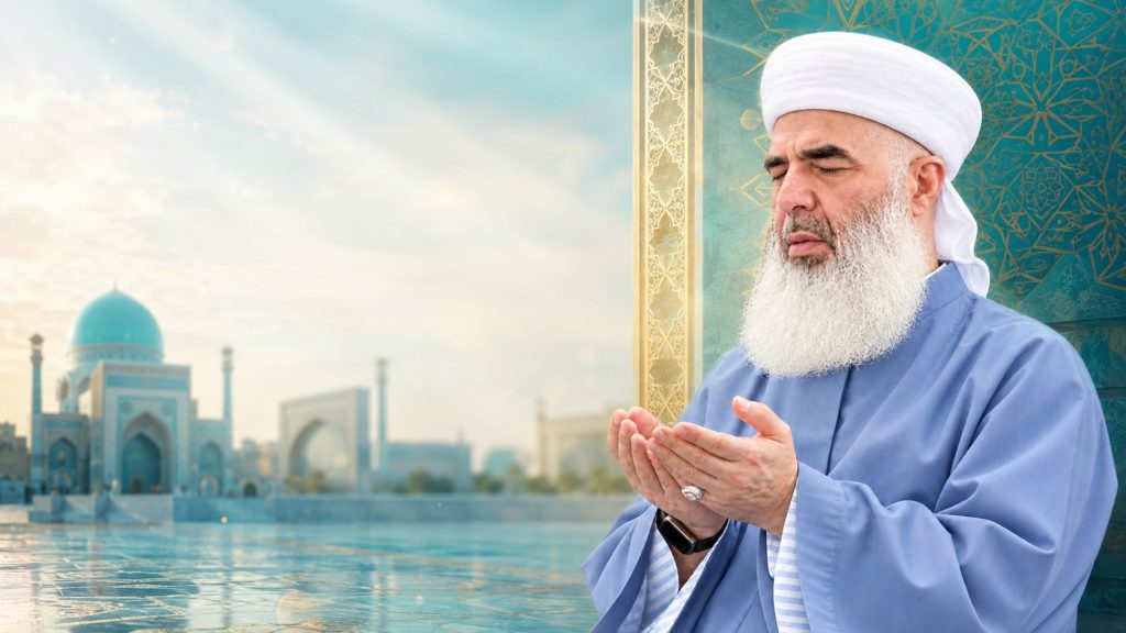 Šejh Sejjid Muhammed Mübarek el-Hüseyni hz. uči dovu, u pozadini džamija i samarkandska arhitektura