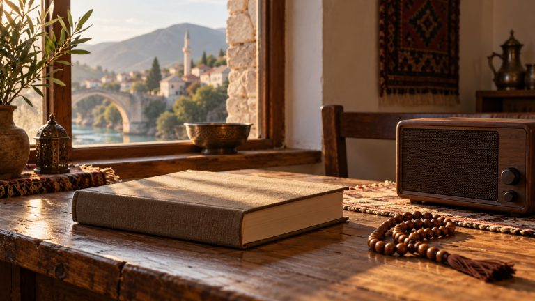 Zatvorena knjiga, mali radio i drvena tespiha na stolu uz prozor.